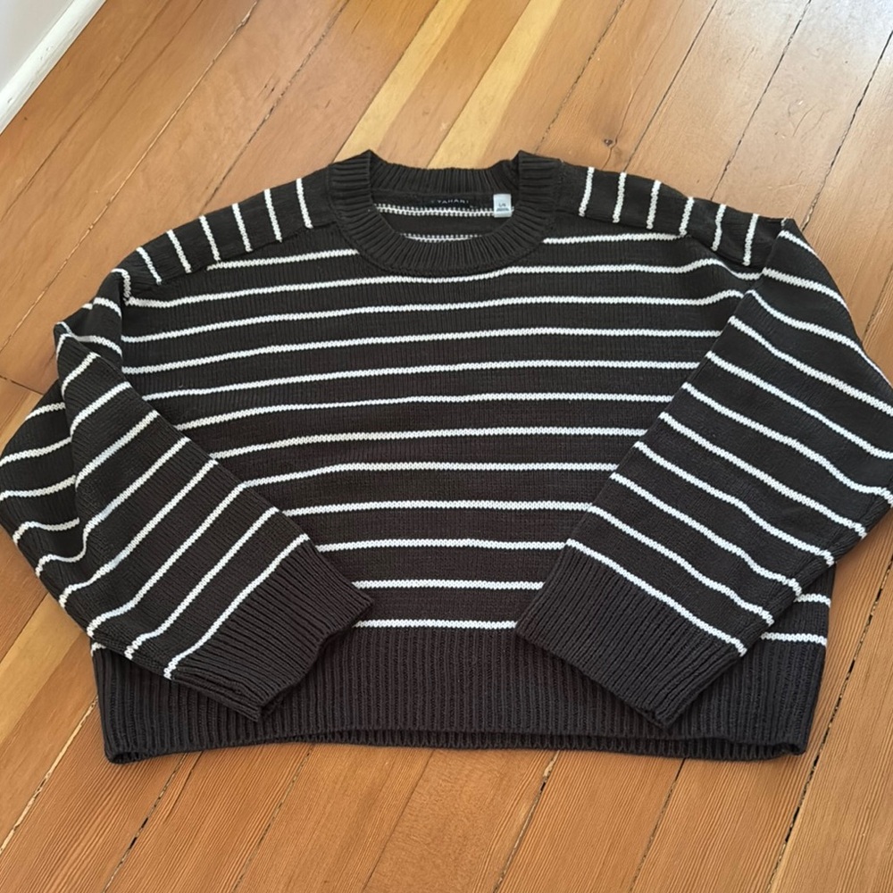 T Tahari Olive / Chocolate Brown and White Striped Sweater
